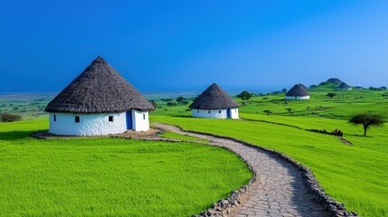 Scenic African Village Lush Green Fields Traditional Huts Stone Path