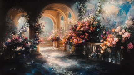 Fototapeta premium Oil painting of arched flower stand with mottled light in Rococo style