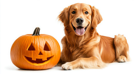 Golden Retriever Joyfully Poses with Carved Pumpkin for Halloween