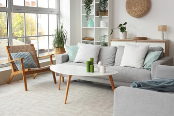 Interior of light living room with sofas, armchair and green plants