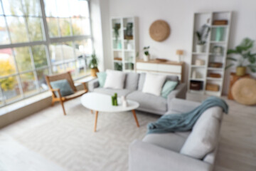 Blurred view of light living room with sofas, armchair and green plants