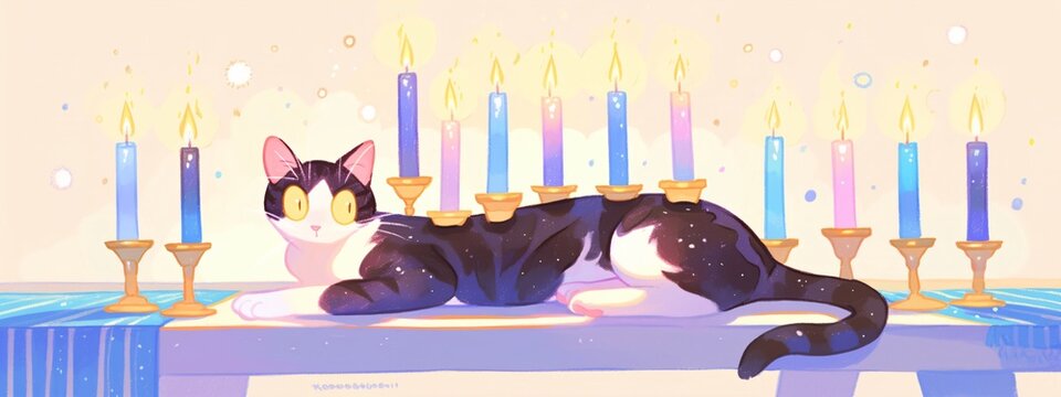 Cute and funny cat with Torah book and burning candles for celebrating Hanukkah isolated on light background. Jewish holidays, Yom Kippur, Rosh Hashanah, Passover, Shavuot