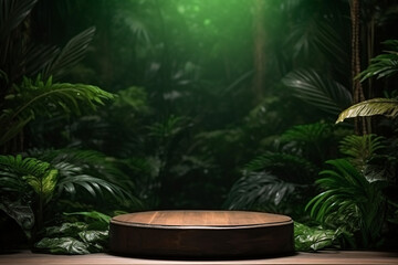 Wooden podium in tropical forest for product presentation and green background