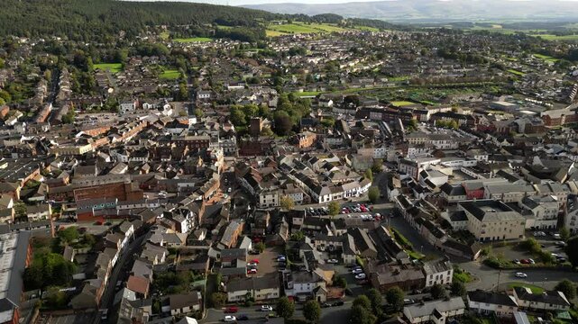Penrith, market town and civil parish in the Westmorland and Furness district of Cumbria in England. Aerial footage.