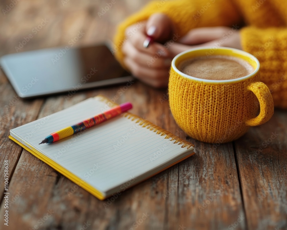 Poster modern study vibes writing notes with coffee on a cozy desk