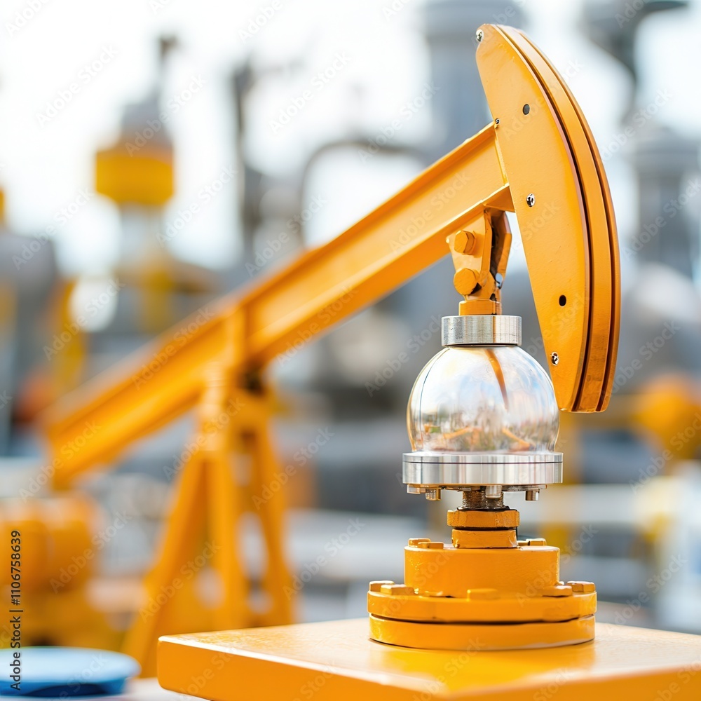 Poster a close-up of a yellow industrial lamp on a machinery structure, highlighting its design and functio