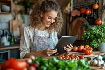 Happy woman in apron uses tablet in kitchen, surrounded by fresh produce. Image ideal for blogs, websites, or articles about healthy cooking, recipes, or food.