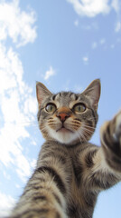 Obraz premium Tabby cat reaches out against clear sky, capturing a playful, adventurous moment