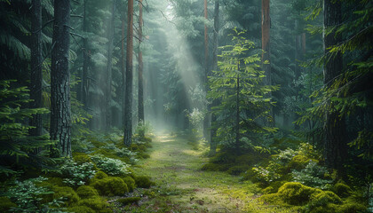 Obraz premium A detailed close-up of a Scandinavian forest floor, showcasing green moss, fallen leaves, and tiny mushrooms among the roots of ancient trees.