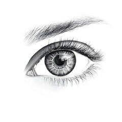 A stylized grayscale drawing of a human eye with detailed rendering of lashes and eyebrow.