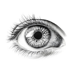 A stylized black and white close up image of a human eye with detailed textures and dramatic lighting.