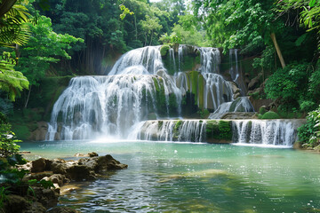 Obraz premium Stunning view of a cascading waterfall surrounded by lush greenery