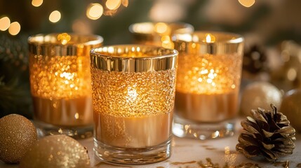 Gold candles with a soft flicker, displayed in ornate glass holders with a festive theme