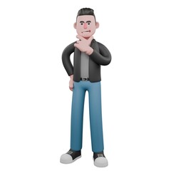 A male screenwriter stands with one hand on his chin and the other on his waist