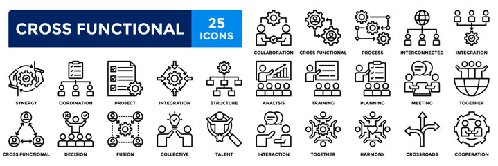 Cross functional icon collection set. Containing collaboration,cooperation,synergy,training,talent,project,integration icon. Simple line vector illustration.