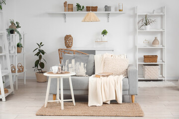 Interior of light living room with grey couch, shelf units and plants