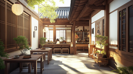 Fototapeta premium Interior of a cafe, Korean traditional-style cafe with authentic interior decor