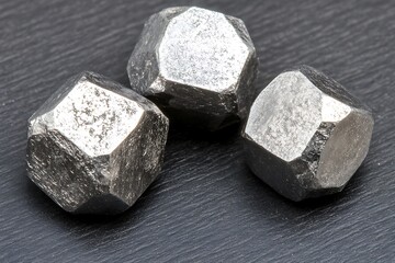 Three Metallic Crystal Clusters Resting On Dark Surface
