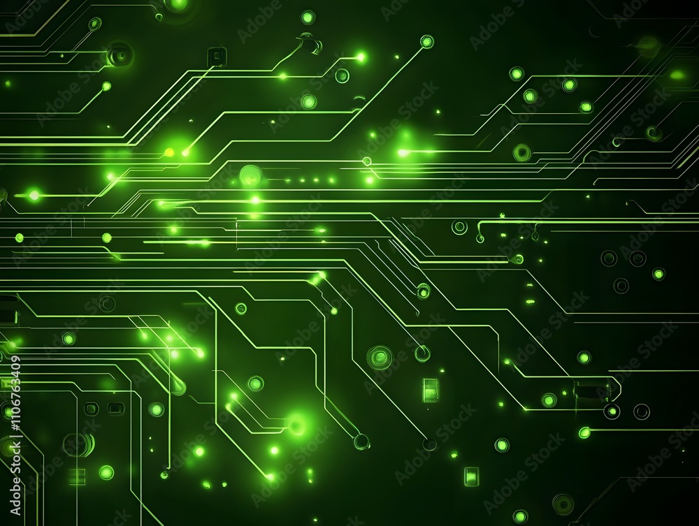 Poster abstract digital circuit design with glowing green elements on a dark background.