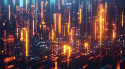 Abstract digital city with glowing orange lines and blue and purple lights.
