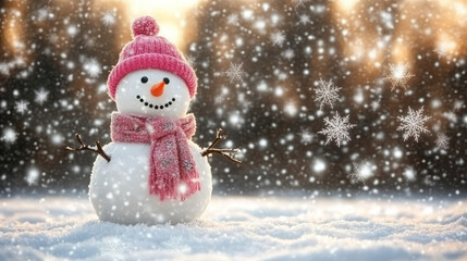 Joyful Snowman in a Winter Wonderland: A Charming Scene with Pink Accessories