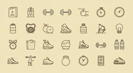 A repeating pattern of fitness icons in a minimalist line-art style, featuring dumbbells, gym shoes, and water bottles, set against a beige background
