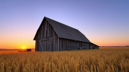 Obraz premium Rustic Sunset Barn in Golden Wheat Fields: Perfect for Rural Decor, Wall Art, or Nature Photography Enthusiasts