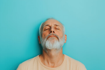 Father doing deep breathing exercises, A serene older man with a beard experiences a moment of tranquility against a vibrant turquoise background, conveying peace and reflection.