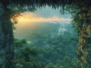 Obraz premium Peaceful Amazon forest at sunset, showcasing a sea of green treetops with the sun setting behind, creating a stunning aerial landscape.