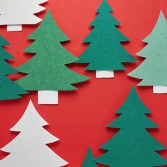 Fototapeta premium a collection of paper cutouts shaped like Christmas trees. The trees are in various shades of green and white, arranged on a bright red background
