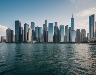 Fototapeta premium a city skyline with a large number of tall skyscrapers. The buildings are modern and vary in height, with some having pointed tops. The skyline is viewed from across a body of water