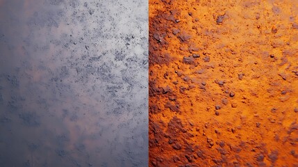 The image displays a split view of two contrasting surfaces: one smooth and metallic, the other gritty and rusted, showcasing texture and color differences.