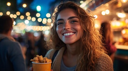 Fototapeta premium Young Adult Enjoying Street Food from Food Truck with Friend in Urban Setting