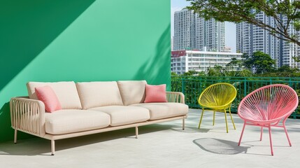 Modern Outdoor Patio Sofa Chairs Green Wall City View