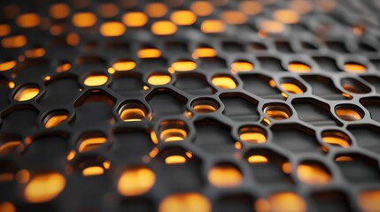 Obraz premium A close-up view of a textured surface featuring hexagonal patterns, showcasing a striking interplay of light and shadow with warm tones.