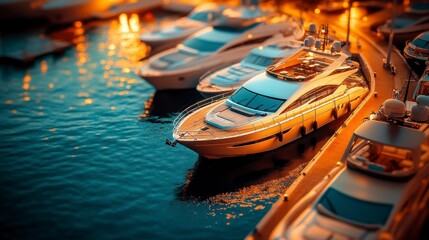 Obraz premium Electric Yacht Docked in Golden Evening Light at Marina