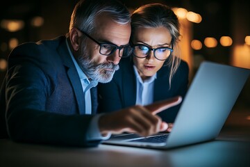 Fototapeta premium Business Colleagues Collaborate Late Night On Laptop