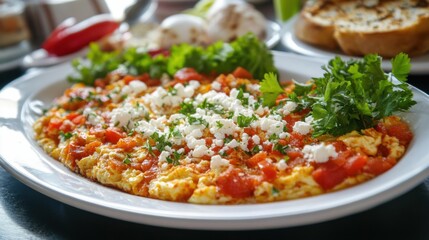 A tempting platter of Turkish menemen, scrambled eggs cooked with tomatoes, peppers