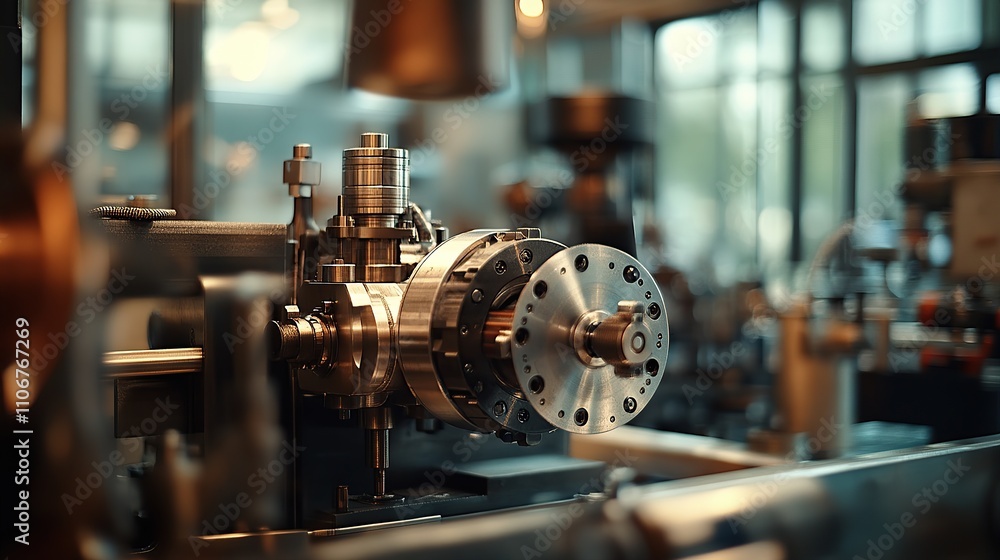 Poster a close-up of a complex machine component in an industrial setting.