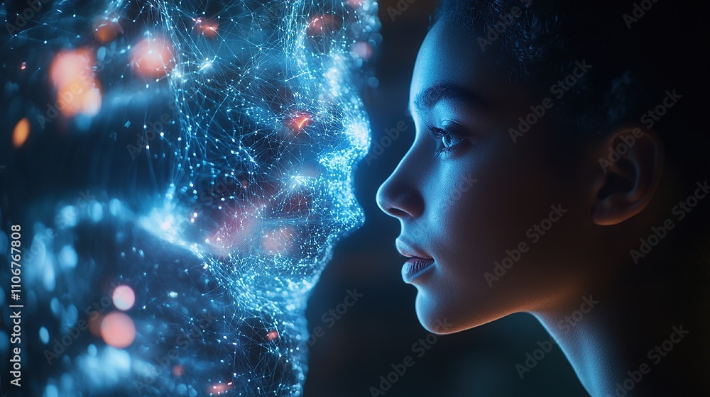 Poster a digital representation of a human face interacting with a virtual interface.