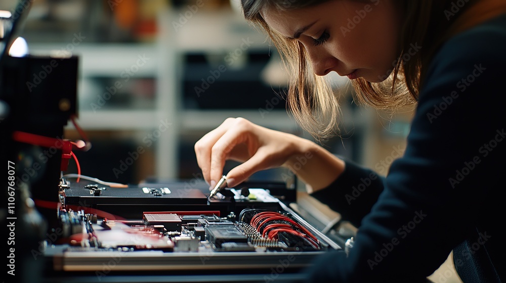 Poster a person meticulously assembling electronic components in a workshop setting.