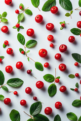 Bright and fresh lingonberries with green leaves arranged on a white background