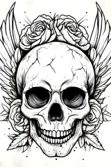 Obraz premium A skull with roses and wings on it. The skull is smiling and the roses are in the background
