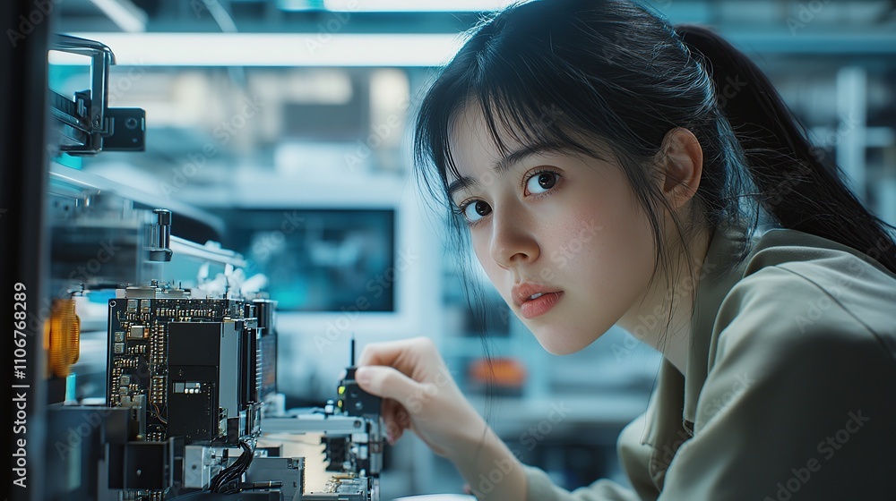 Poster a focused individual working on a complex electronic device in a lab setting.