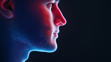 Obraz premium Side profile of a digital human head in blue with glowing dotted lines, symbolizing neural activity, virtual intelligence, and futuristic human machine interface concepts