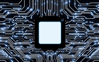 Motherboard panel, electronic device or main board. Industrial technology image within industrial machinery. or a circuit board. CPU or processor chip on a circuit board. 3D rendering.