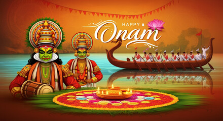 A colorful Onam celebration scene by the riverside, featuring a Kathakali performer, traditional flower decorations, and a boat race setting, reflecting the spirit of Kerala's harvest festival
