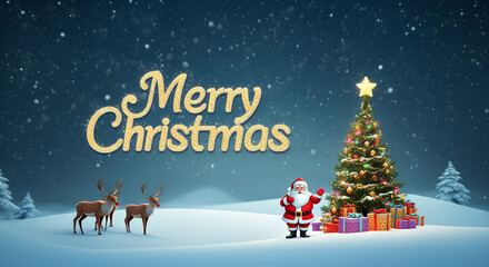 A serene Christmas night illustration with Santa Claus and reindeer next to a decorated Christmas tree, surrounded by gifts, under a moonlit snowy backdrop