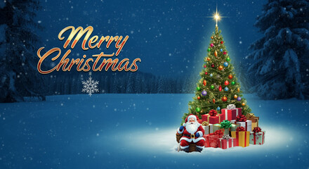 A festive Christmas scene featuring a beautifully decorated Christmas tree with presents at its base, under a snowy night sky with glowing "Merry Christmas" text