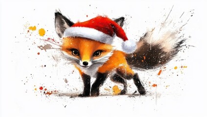 Cute Baby Fox in Santa Hat with Watercolor Splashes on White Background - Thomas W Schaller Style Hyperrealistic Painting